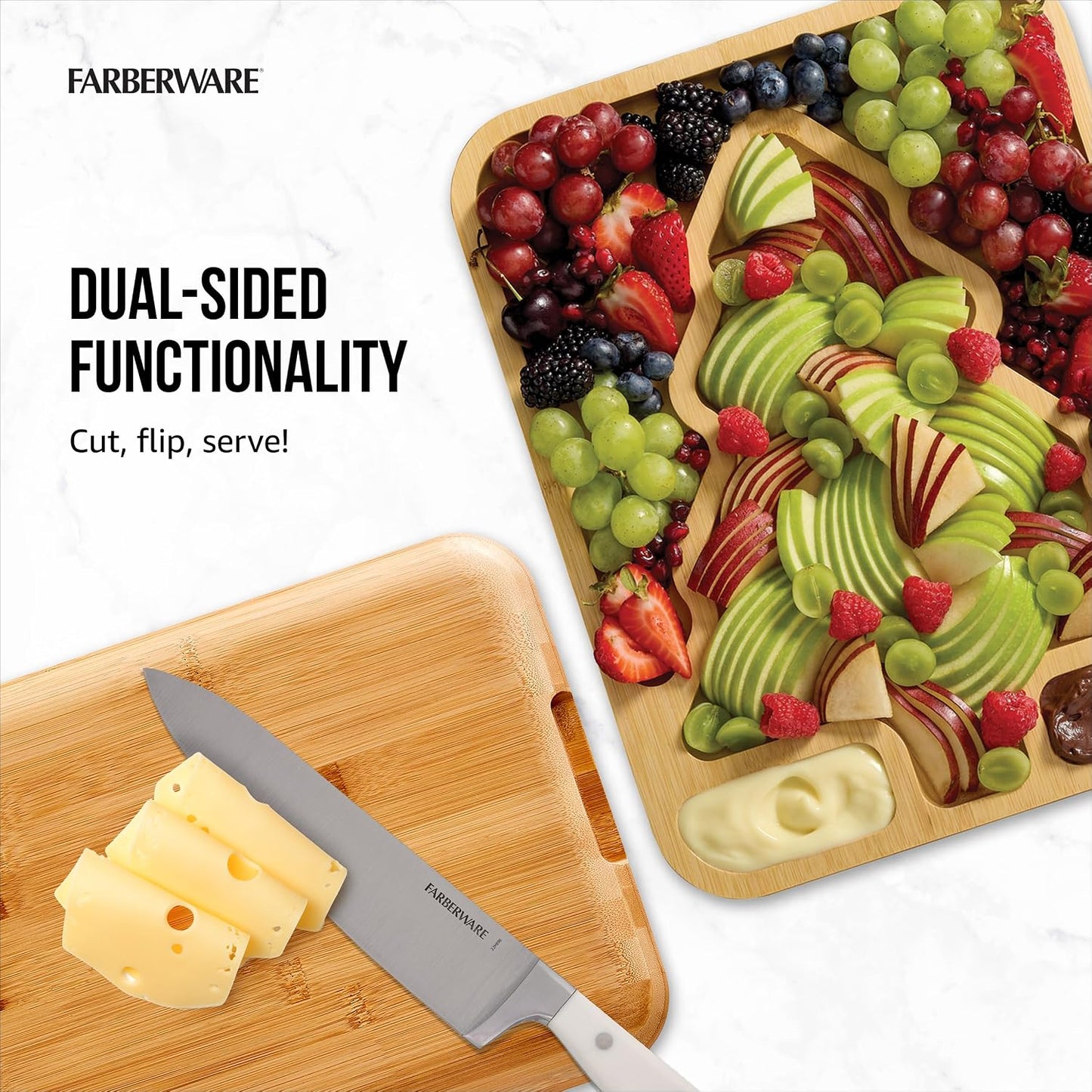 Farberware Build-A-Board Bamboo Cutting Board with Built-In Compartments & Clear Locking Lid, Black Handles, Charcuterie, Snack Tray, Food Prep and Serving Platter