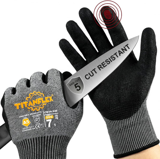 TitanFlex A5 Cut Resistant Gloves, Extreme Protection, Sandy Nitrile Grip