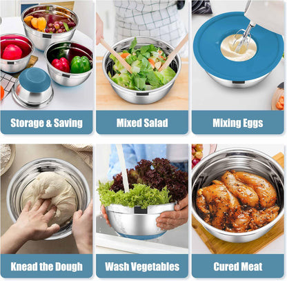 E-far Stainless Steel Mixing Bowls with Lids Set, 5-Piece Nesting Salad Bowls with 3 Grater Attachments and Non-Slip Bottoms, Size 4.6, 2.6, 2, 1.5, 1QT for Kitchen (Khaki)