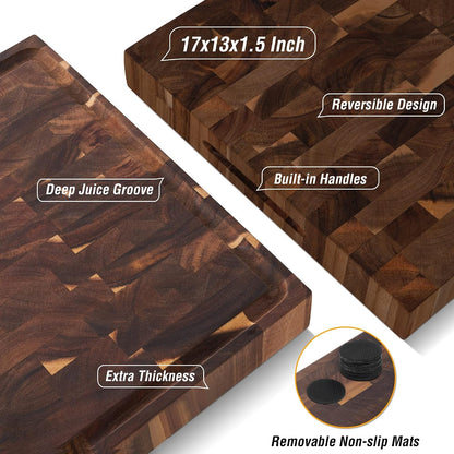 AZRHOM Large Wood Cutting Boards Set of 4 for Kitchen Cheese Charcuterie Board (Gift Box Included) Acacia Butcher Block with Non-slip Mats, Juice Groove and Handles (16x12, 14x10, double 11x8 inch)-4
