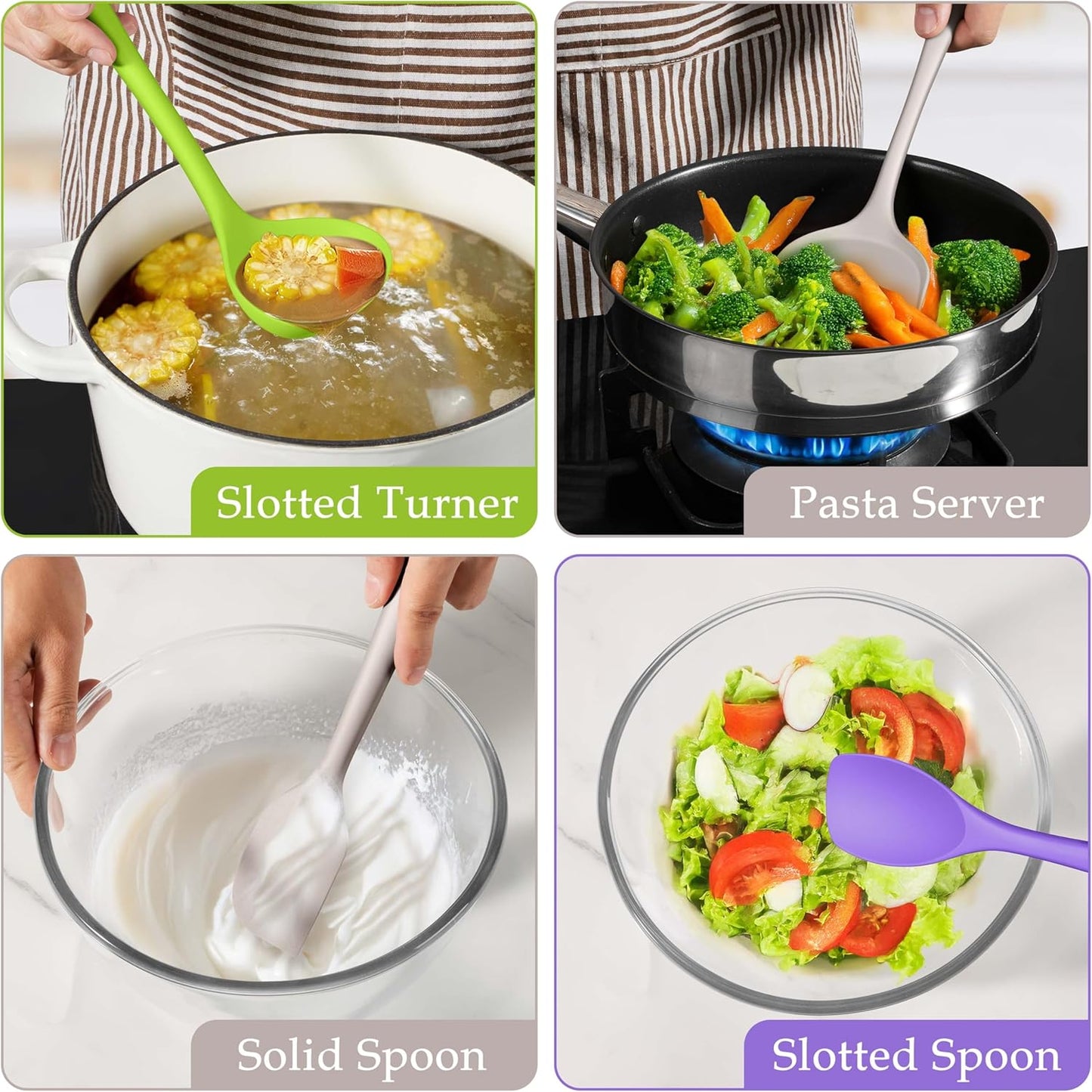 LIANYU Non-Toxic Silicone Kitchen Utensils Set, 8 Piece Non-Scratch Cooking Spoons & Spatulas, Stainless Steel Core, Heat Resistant & Dishwasher Safe, Khaki