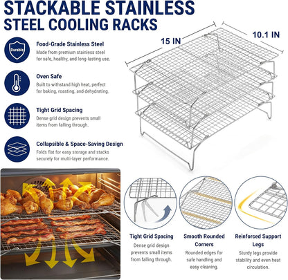 E-far Cooling Rack 15”x10”, 3-Tier Collapsible for Cooking and Baking