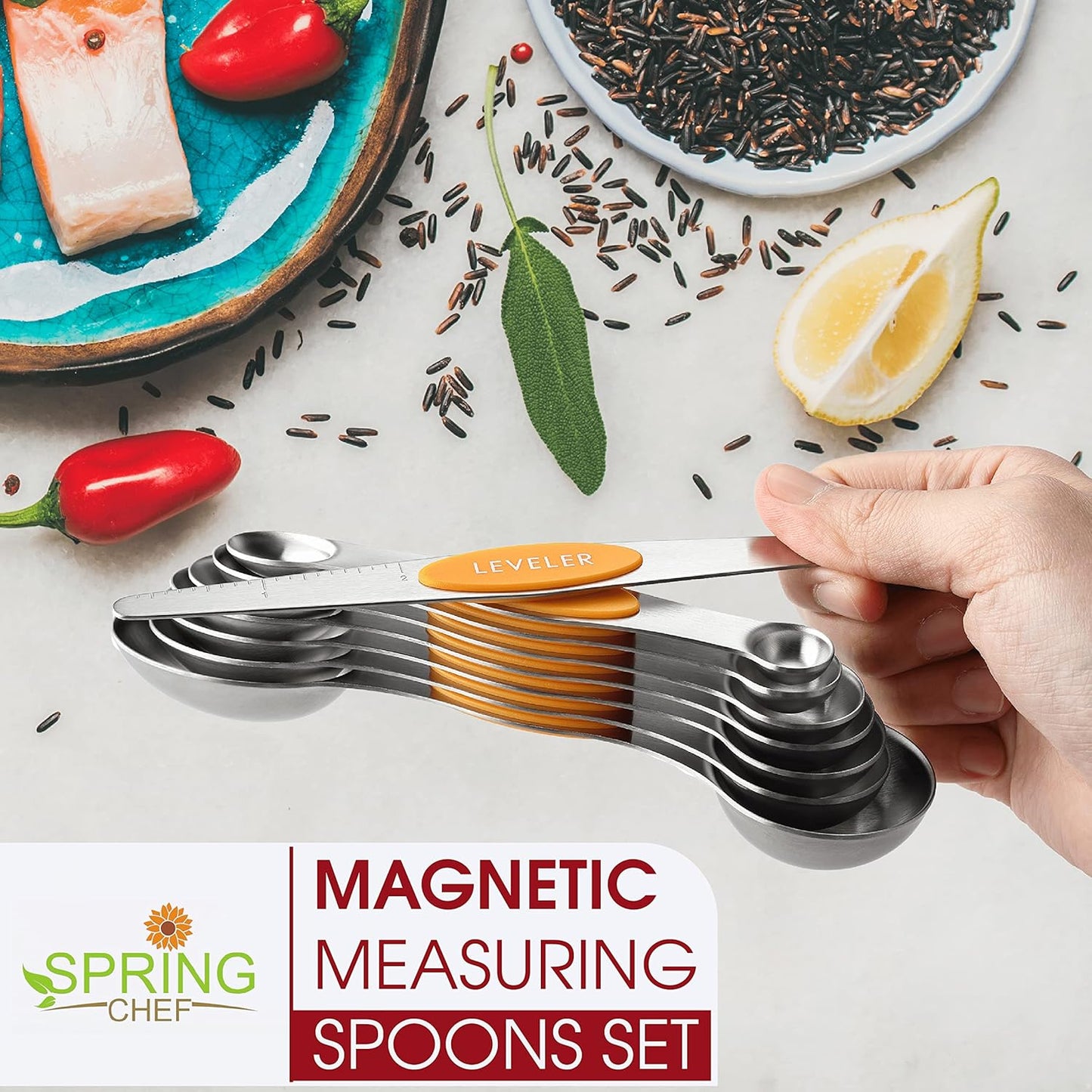 Spring Chef Stainless Steel Magnetic Measuring Spoons Set with Strong N45 Magnets, Heavy Duty Metal Kitchen Gadgets for Baking & Cooking, Fits in Most Kitchen Spice Jars, Set of 8 with Leveler, Black