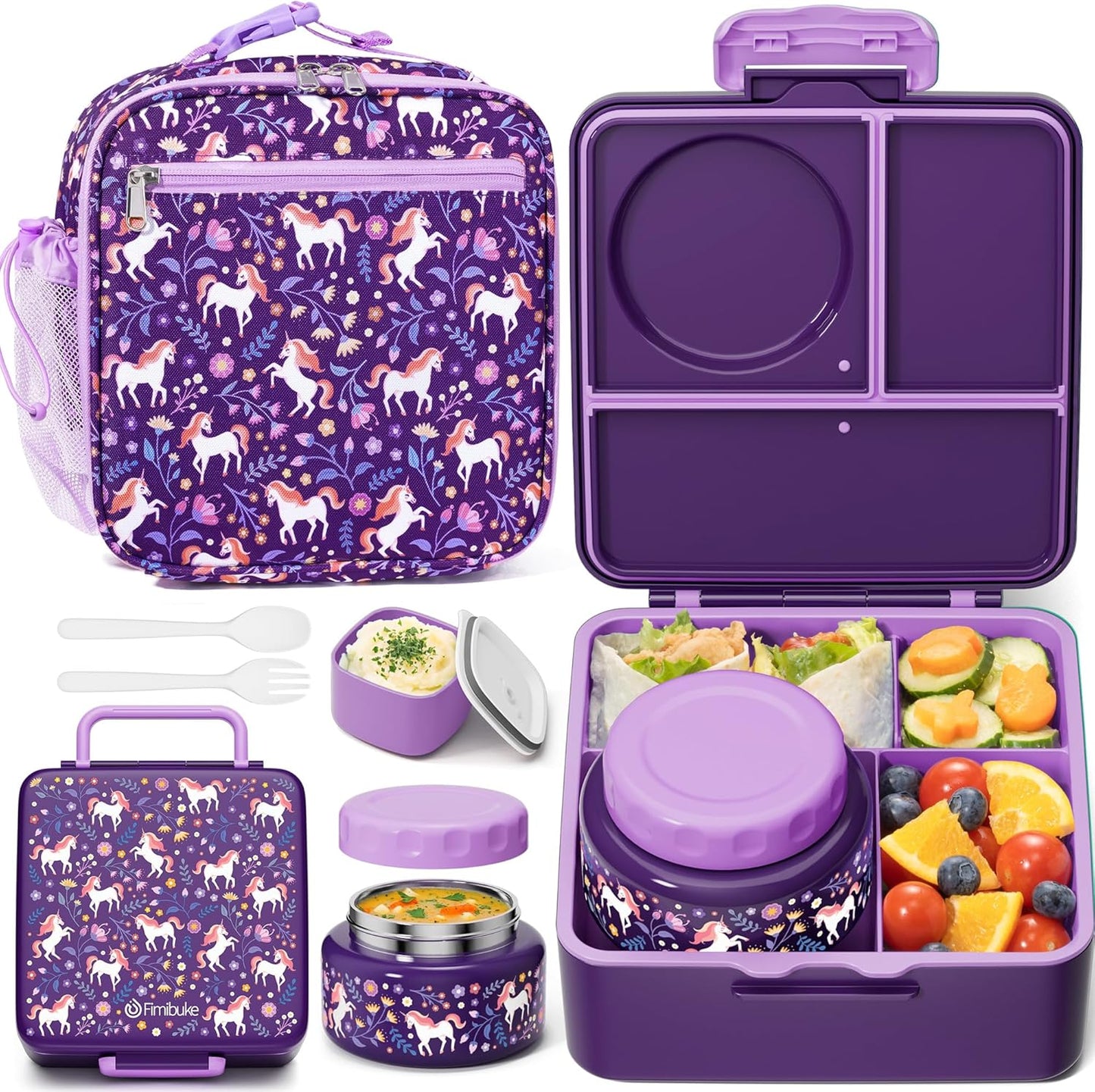 Fimibuke Kids Bento Lunch Box with Thermo, Leakproof Toddler Bento Box with 8.5OZ Insulated Food Jar, Lunch Bag & Utensils BPA Free Dishwasher Safe 3 or 4 Compartment Container for School Girls Boys