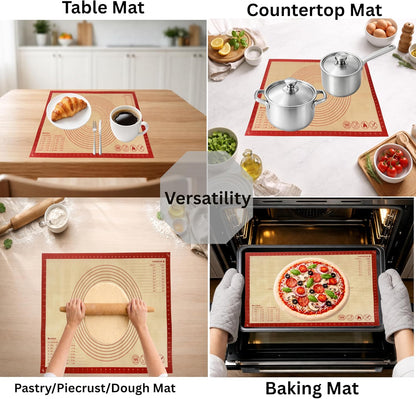 Silicone Pastry Mat with Measurements, 28 x 20 Inch Extra Thick Non-Slip Nonstick XL Baking Mat for Dough Rolling, Kneading, Fondant and Pie, Red
