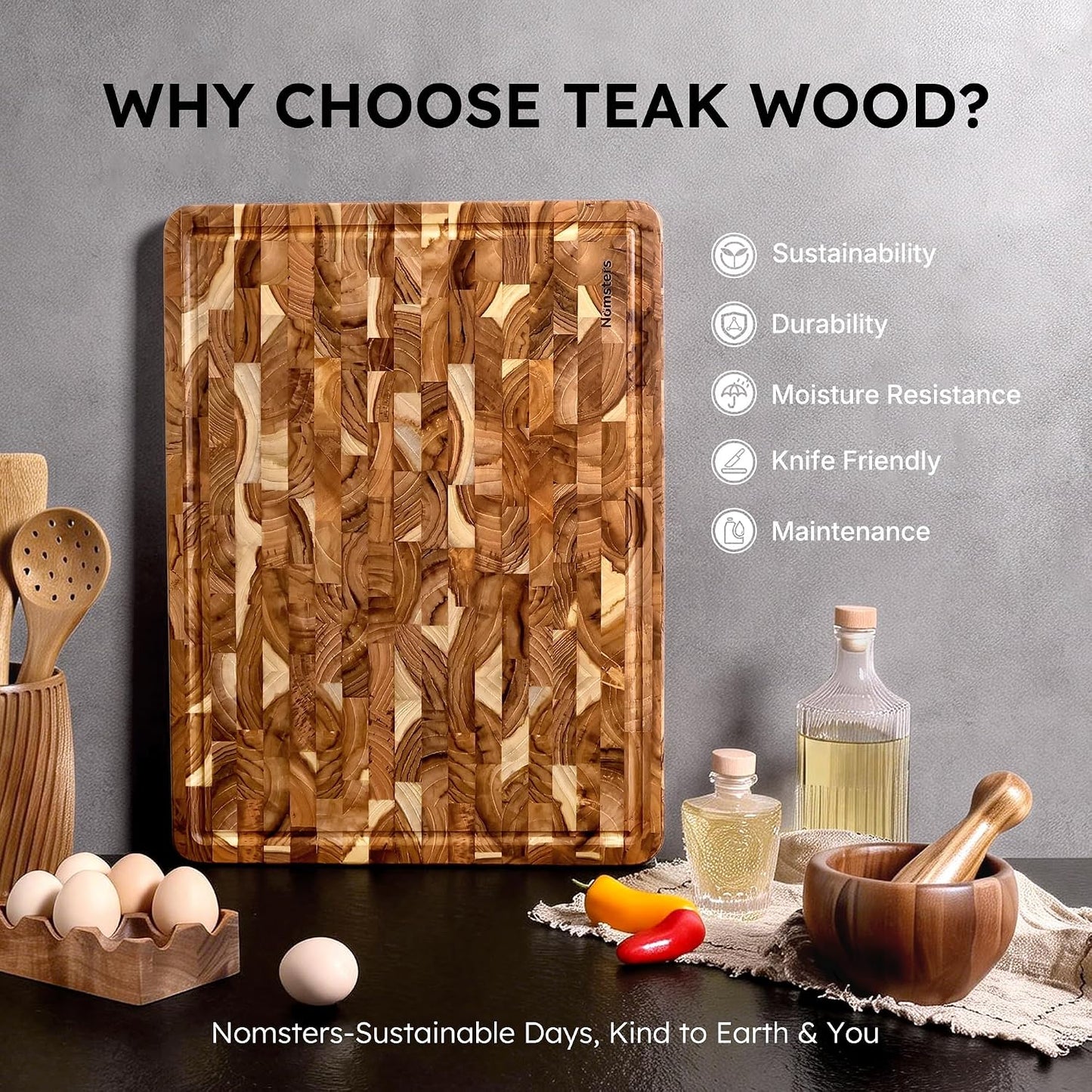 Teak Wood End Grain Cutting Board Set of 2 with Non-slip Feet, Reversible Cutting Boards for Kitchen with Juice Grooves and Handles Non Toxic Chopping Board Butcher Block Serving Tray Kitchen Gift