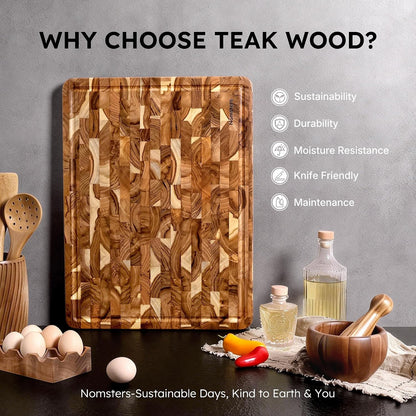 Teak Wood End Grain Cutting Board Set of 2 with Non-slip Feet, Reversible Cutting Boards for Kitchen with Juice Grooves and Handles Non Toxic Chopping Board Butcher Block Serving Tray Kitchen Gift