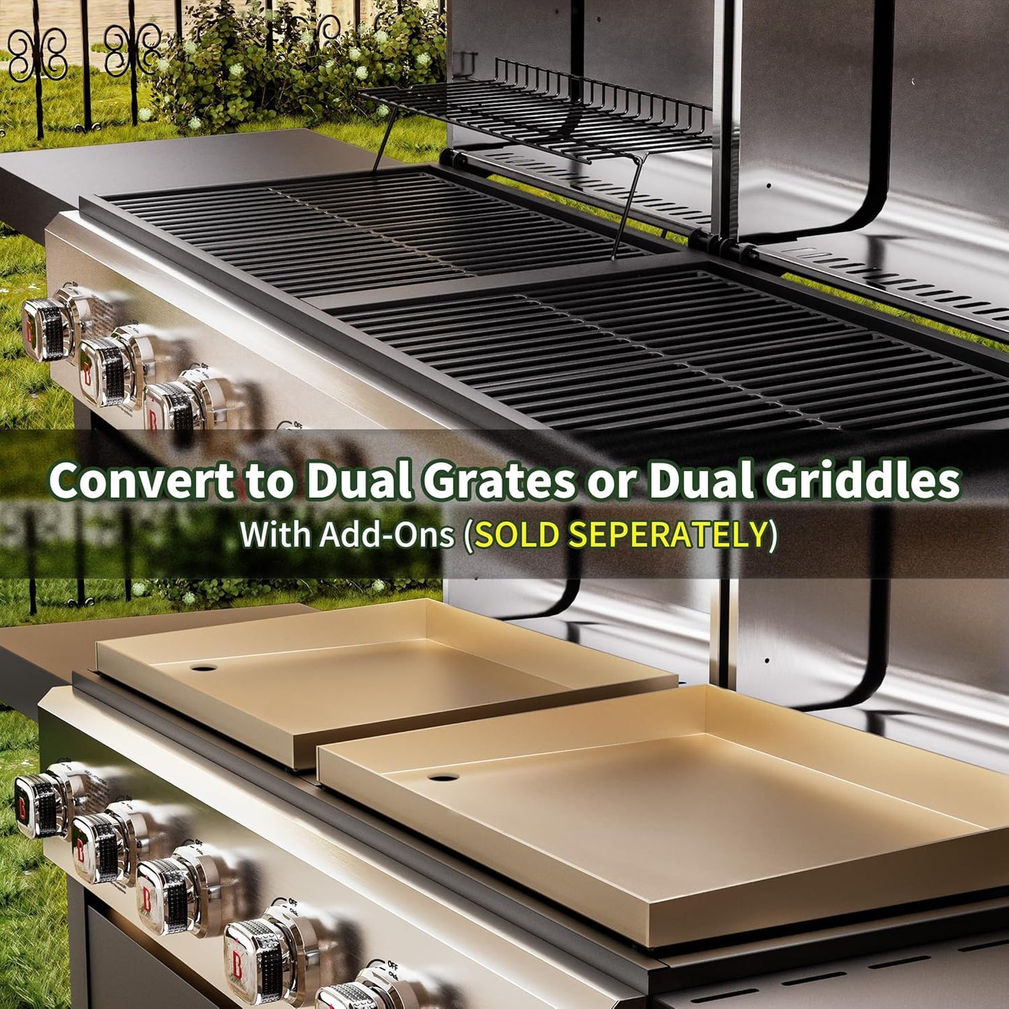 Brand-Man Griddle Grill Combo 6-Burner, 2 in 1 Versatile Propane Gas Grill and Griddle with Double Stainless Steel Lids, BBQ Combo for Outdoor Kitchen & Backyard Barbecue Cooking