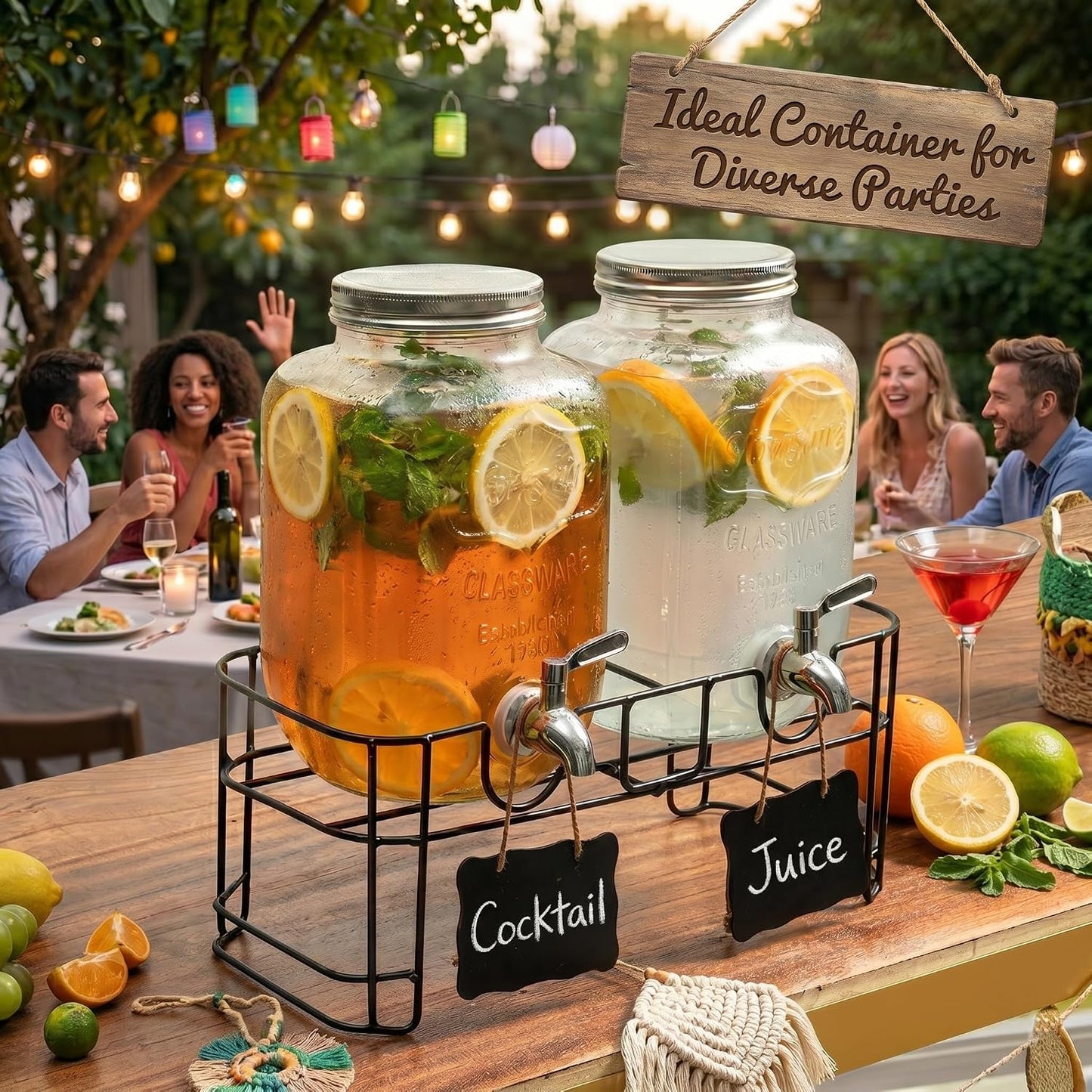 2-Pack 1-Gallon Glass Drink Dispensers with Heavy-Duty Wire Stand - 304 Stainless Steel Spigot & Mixing Spoon - 100% Leakproof Mason Jar Beverage Dispenser for Parties, Fridge, Kombucha - Wide Mouth