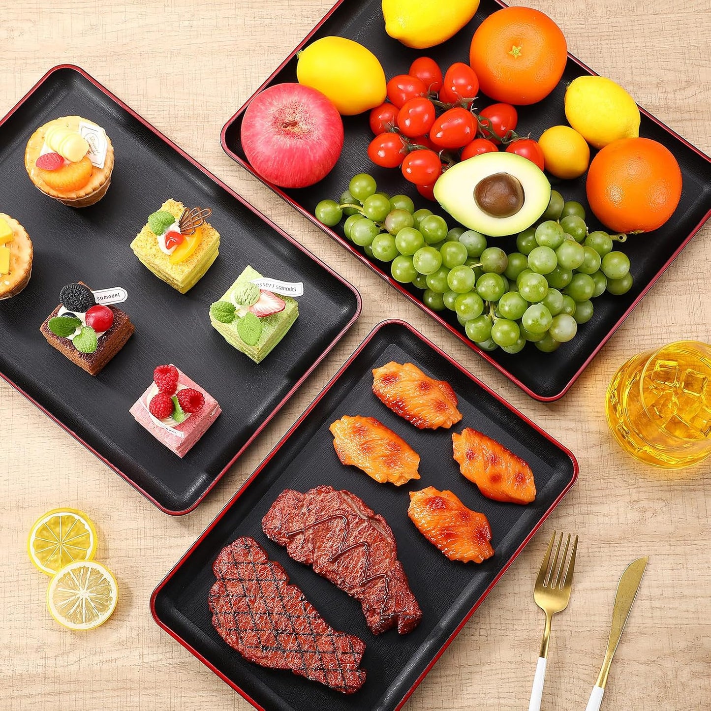 Rtteri Set of 4 Large Serving Platter Set 15/14/13/12 Inch Heavy Plastic Serving Trays Unbreakable Rectangular Platter Reusable Wood Grain Tray for Buffet Wedding Christmas Party(Black and Red)
