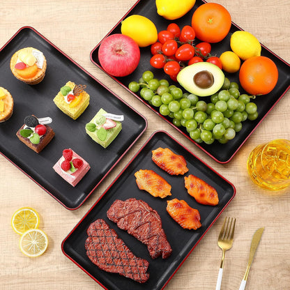 Rtteri Set of 4 Large Serving Platter Set 15/14/13/12 Inch Heavy Plastic Serving Trays Unbreakable Rectangular Platter Reusable Wood Grain Tray for Buffet Wedding Christmas Party(Black and Red)