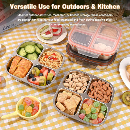 3 Pack Stainless Steel Snack Containers with Airtight Lids, 4 Compartment Food Storage Containers, Reusable Metal Meal Prep Lunch Boxes, Dishwasher Safe, Divided Plates for Adults (Black)