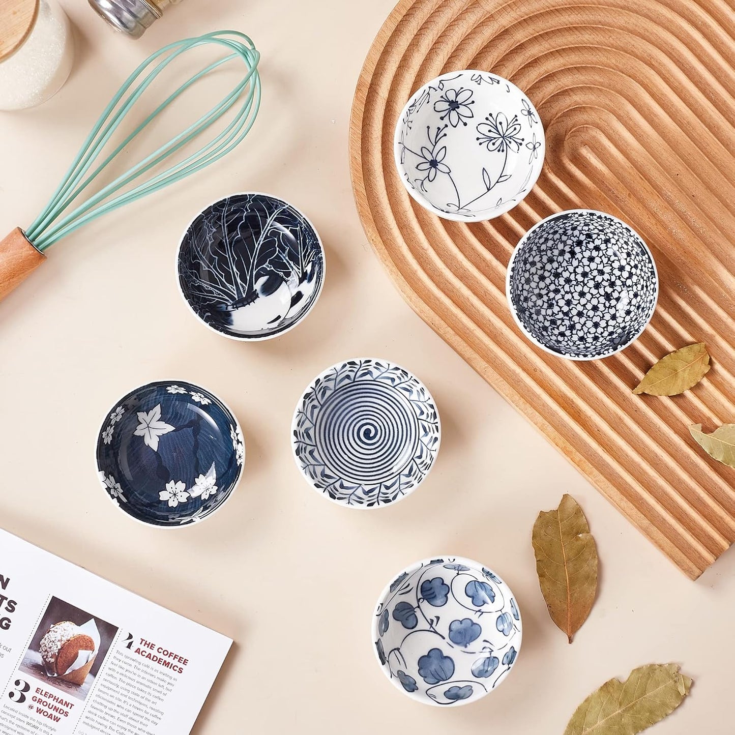 Japanese Style Ceramic Dipping Bowls,3'' Small Pinch Bowls Set Side Sauce Cups,Dishes for Sushi,Snack and Soy,BBQ,2.5 Oz Blue and White Mini Bowl for Kitchen Prep - Set of 6 (3 inch)