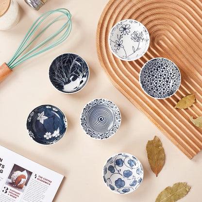 Japanese Style Ceramic Dipping Bowls,3'' Small Pinch Bowls Set Side Sauce Cups,Dishes for Sushi,Snack and Soy,BBQ,2.5 Oz Blue and White Mini Bowl for Kitchen Prep - Set of 6 (3 inch)