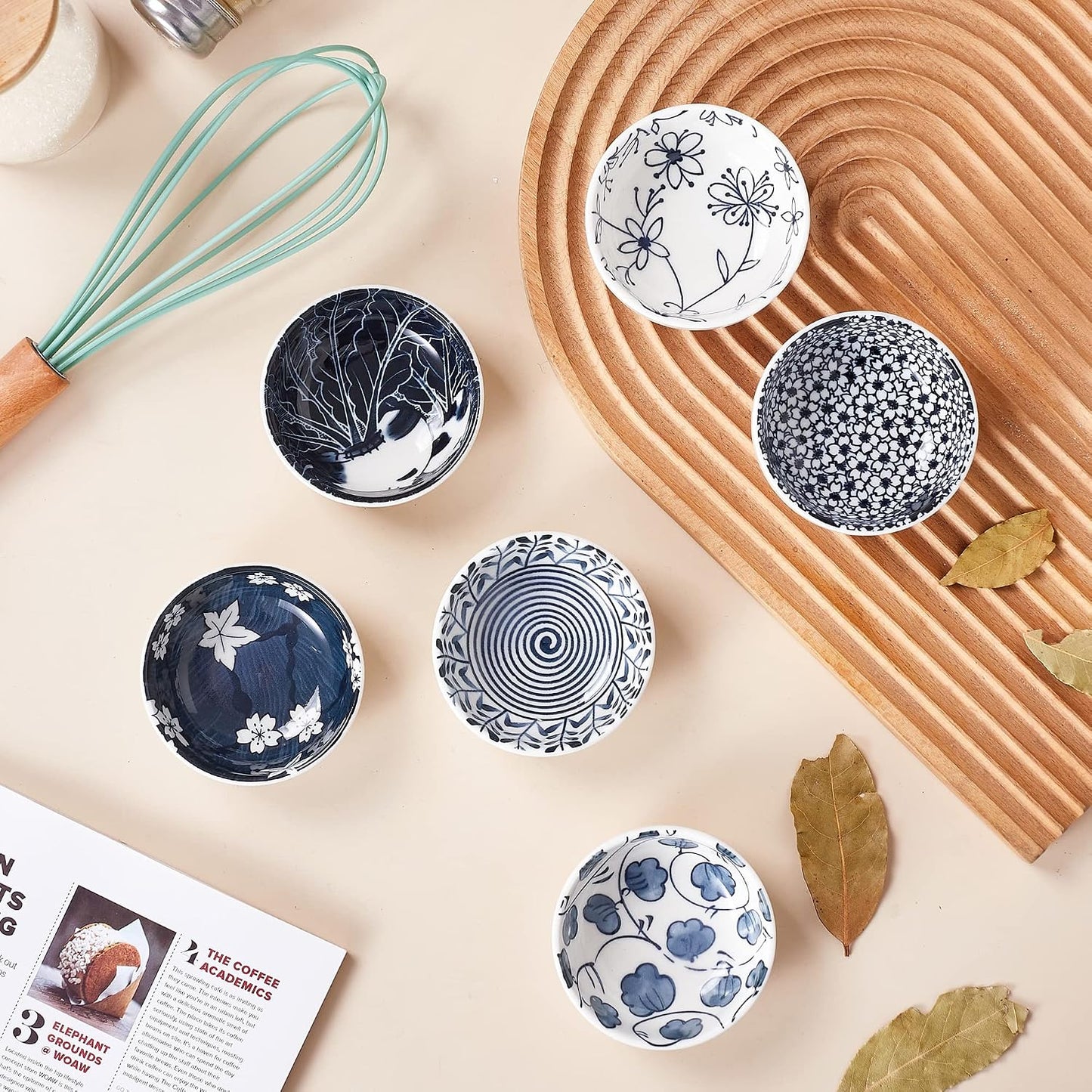 Japanese Style Ceramic Dipping Bowls,3'' Small Pinch Bowls Set Side Sauce Cups,Dishes for Sushi,Snack and Soy,BBQ,2.5 Oz Blue and White Mini Bowl for Kitchen Prep - Set of 6 (3 inch)