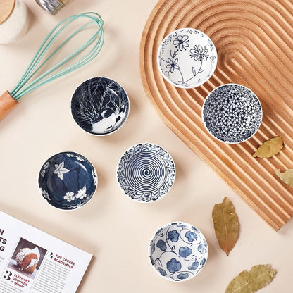 Japanese Style Ceramic Dipping Bowls,3'' Small Pinch Bowls Set Side Sauce Cups,Dishes for Sushi,Snack and Soy,BBQ,2.5 Oz Blue and White Mini Bowl for Kitchen Prep - Set of 6 (3 inch)