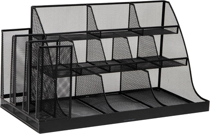 Mind Reader Cup and Condiment Station, Breakroom Countertop Organizer, 3-Tier Storage for Office Coffee Stations and Shared Spaces, Metal Mesh, Black