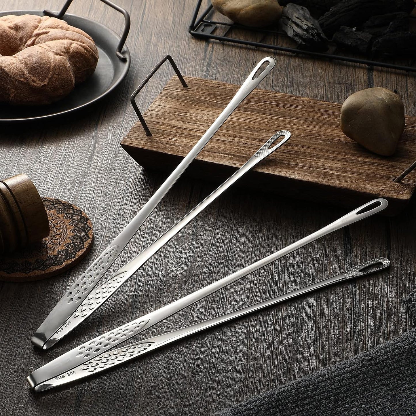 Geiserailie 3 Pcs 11 Inches Korean BBQ Tongs Stainless Steel Kitchen Tweezers Grill for Cooking Hot Pot Food Yakiniku Clamp Tool for Salad, Fish, Steak, Barbecue, Buffet, Meat