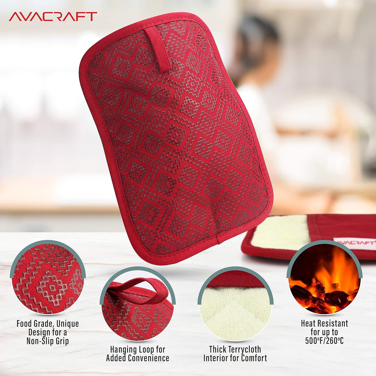 AVACRAFT Oven Mitts Pair, Flexible, 100% Cotton with Unique Heat Resistant Food Grade Silicone, Thick Terry Cloth Interior, 500 F Heat Resistant (Red Oven Mitts)