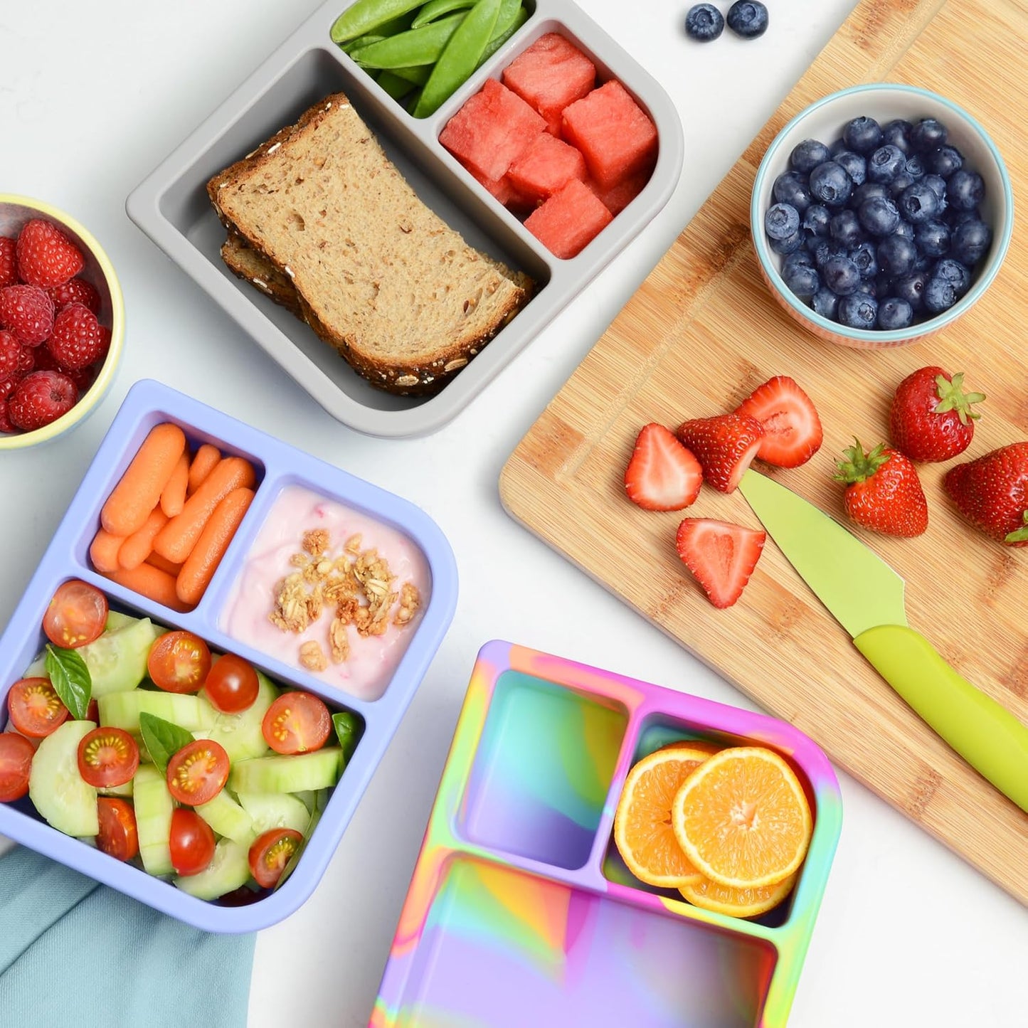 PrimaStella Unbreakable Silicone Lunch Box for Kids and Adults - Divided Leak Proof Bento Box (Slate Blue)