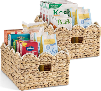 Best Choice Products 9x12 Scalloped Shelf Baskets, Woven Storage Bins, Storage Organizers for Pantry, Living Room, Bedroom, Nursery & Laundry, 4 Pack - Natural with White Trim