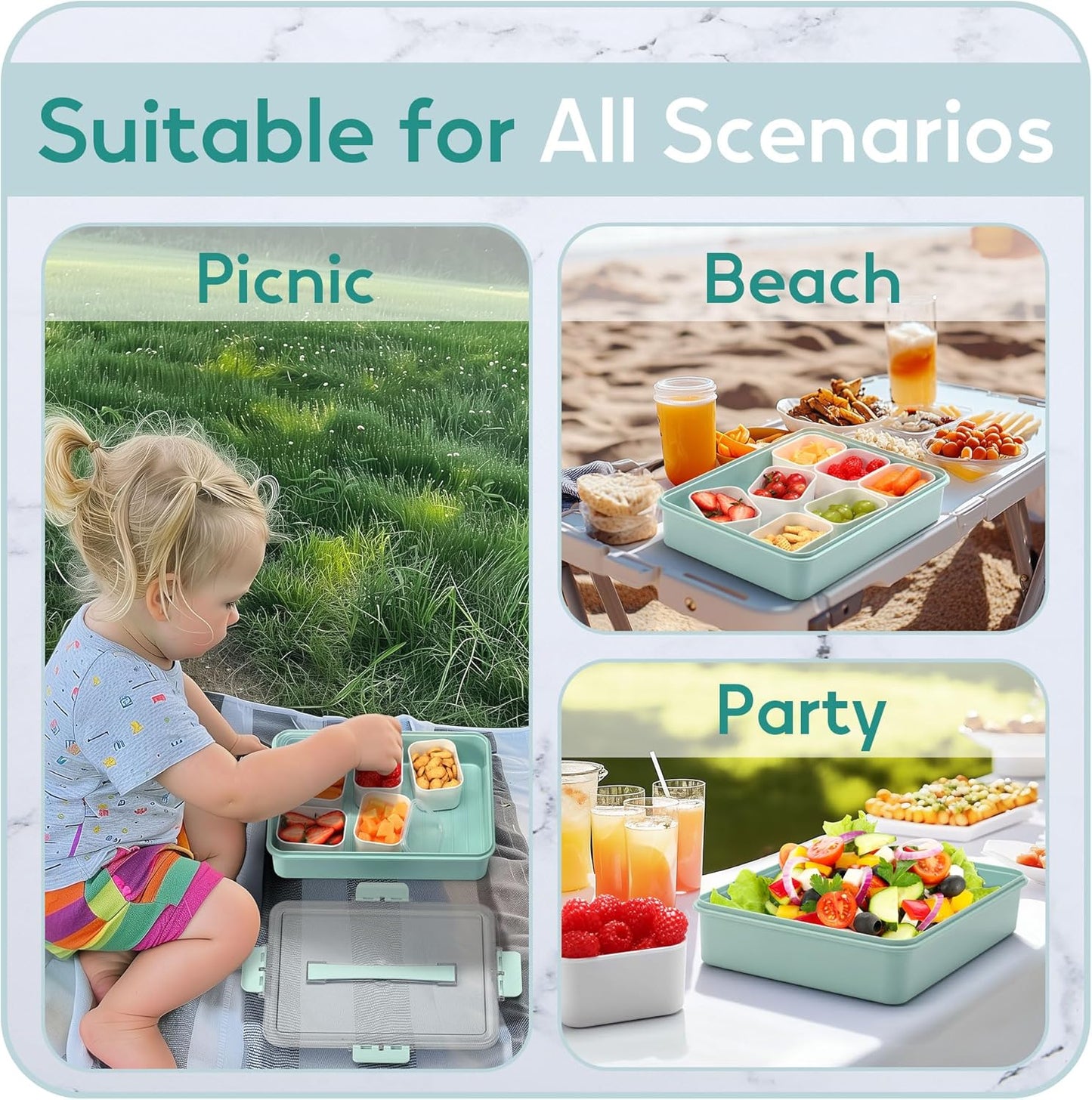 Snackle Box Container for Adults with 9 Compartment, Divided Serving Tray Snack Box Containers with Lid and Handle, Charcuterie Boxes Portable Snack Platter for Fruit Veggie Party Travel, White
