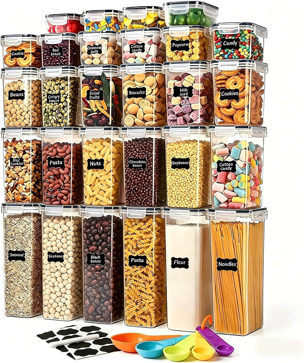 42pcs Airtight Containers, Clear Stackable Dry Food Storage | 42pk clear airtight containers with tight lids keep dry food fresh. Safe plastic, stackable for pantry kitchen storage