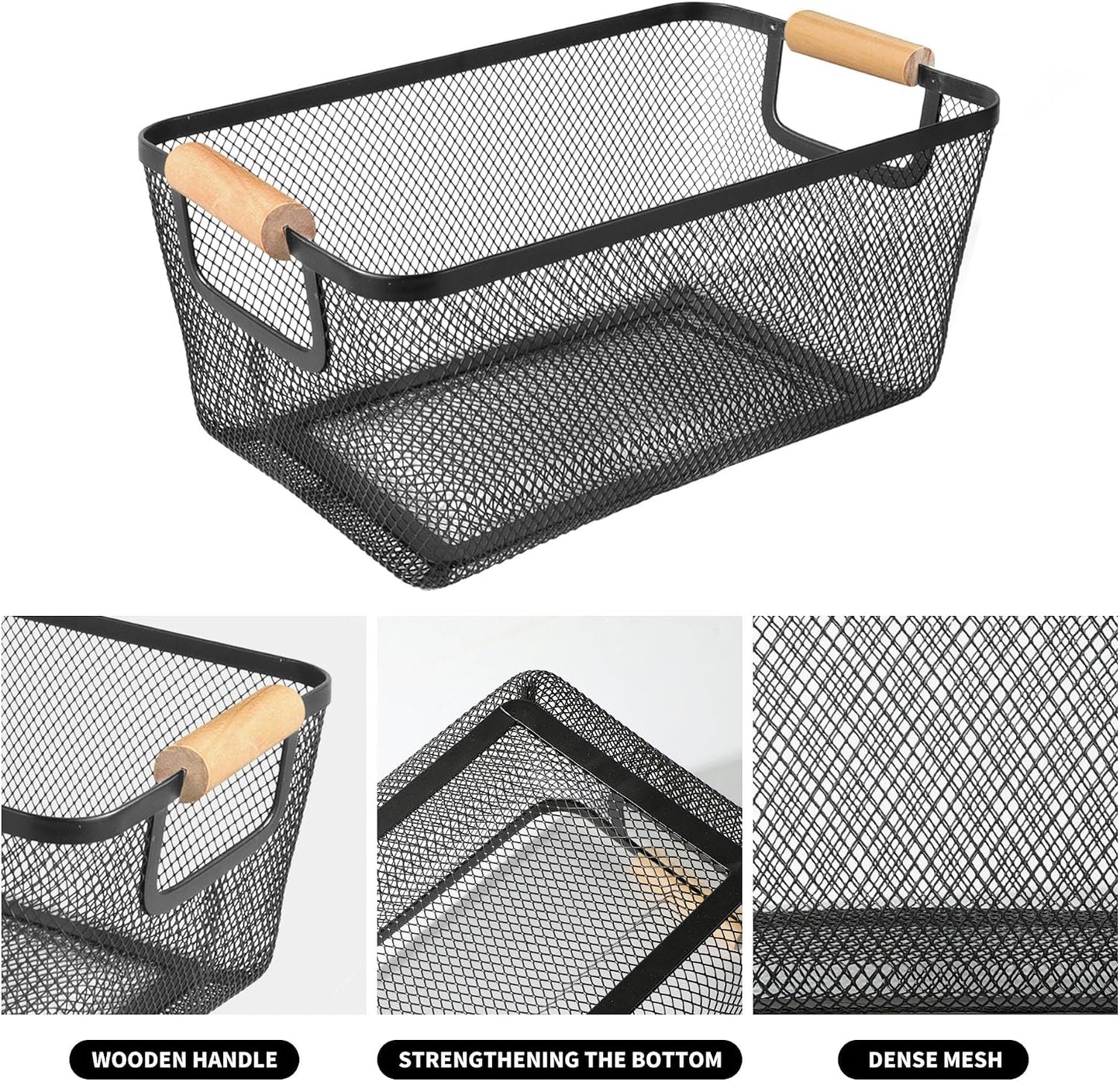 2Pack Metal Mesh Steel Basket with Bamboo Handle - Wire Metal Basket for Kitchen Organization, 12" Wide Food Organizer Bin, Perfect for Organizing Bulk Pantry (WHITE)