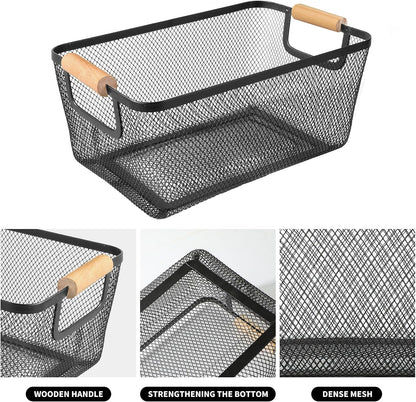 2Pack Metal Mesh Steel Basket with Bamboo Handle - Wire Metal Basket for Kitchen Organization, 12" Wide Food Organizer Bin, Perfect for Organizing Bulk Pantry (WHITE)