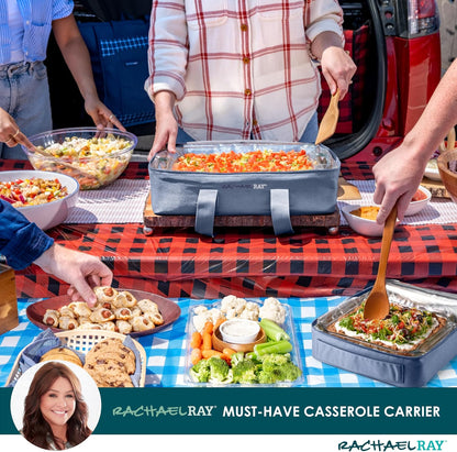 Rachael Ray Lugger Duo, Insulated Casserole Carrier for Hot or Cold Food, Thermal Lasanga Lugger Tote for Pockluck, Parties, Picnic, and Cookouts, Fits 9" x 13" Baking Dish, Sea Salt Grey