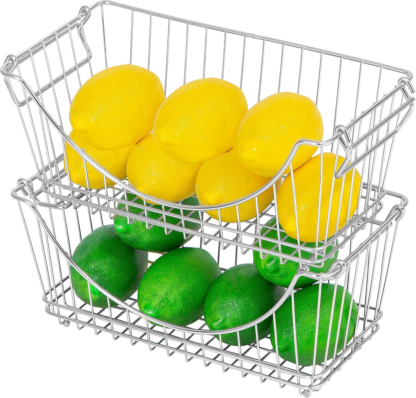 Smart Design Stacking Baskets Organizer w/ Handle - Medium - Steel - for Food, Fruit, & Vegetable Safe - Kitchen (12.63 x 5.5 Inch) [Chrome] (2 Pack)