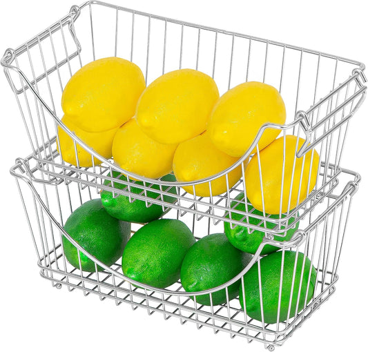 Smart Design Stacking Baskets Organizer w/ Handle - Medium - Steel - for Food, Fruit, & Vegetable Safe - Kitchen (12.63 x 5.5 Inch) [Chrome] (2 Pack)