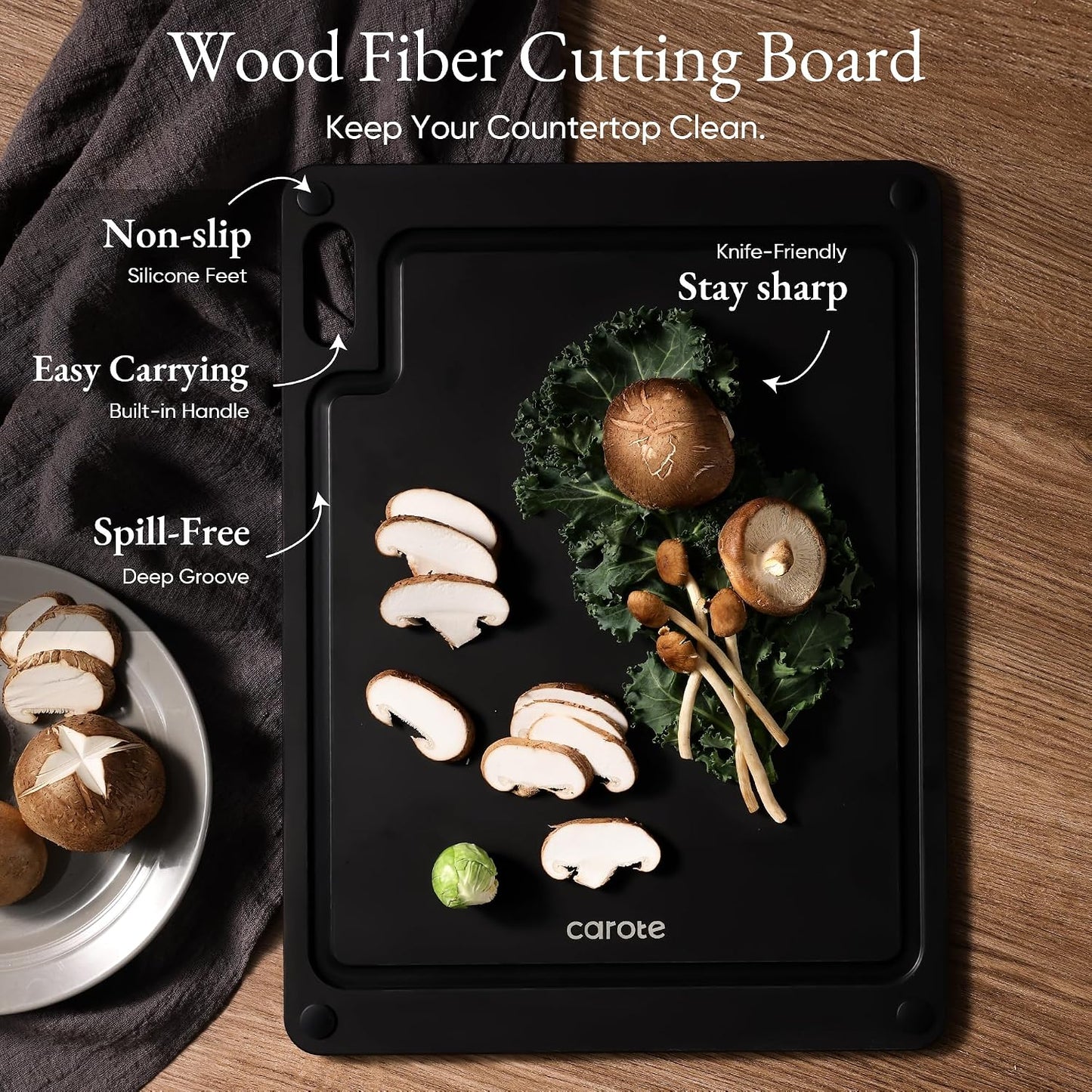 CAROTE Knife Set, 11 Pcs Kitchen Knives with 5 Blade Guards & Non-Slip Cutting Board, Rustproof Stainless Steel 5 Kitchen Knife Set, Plain Black