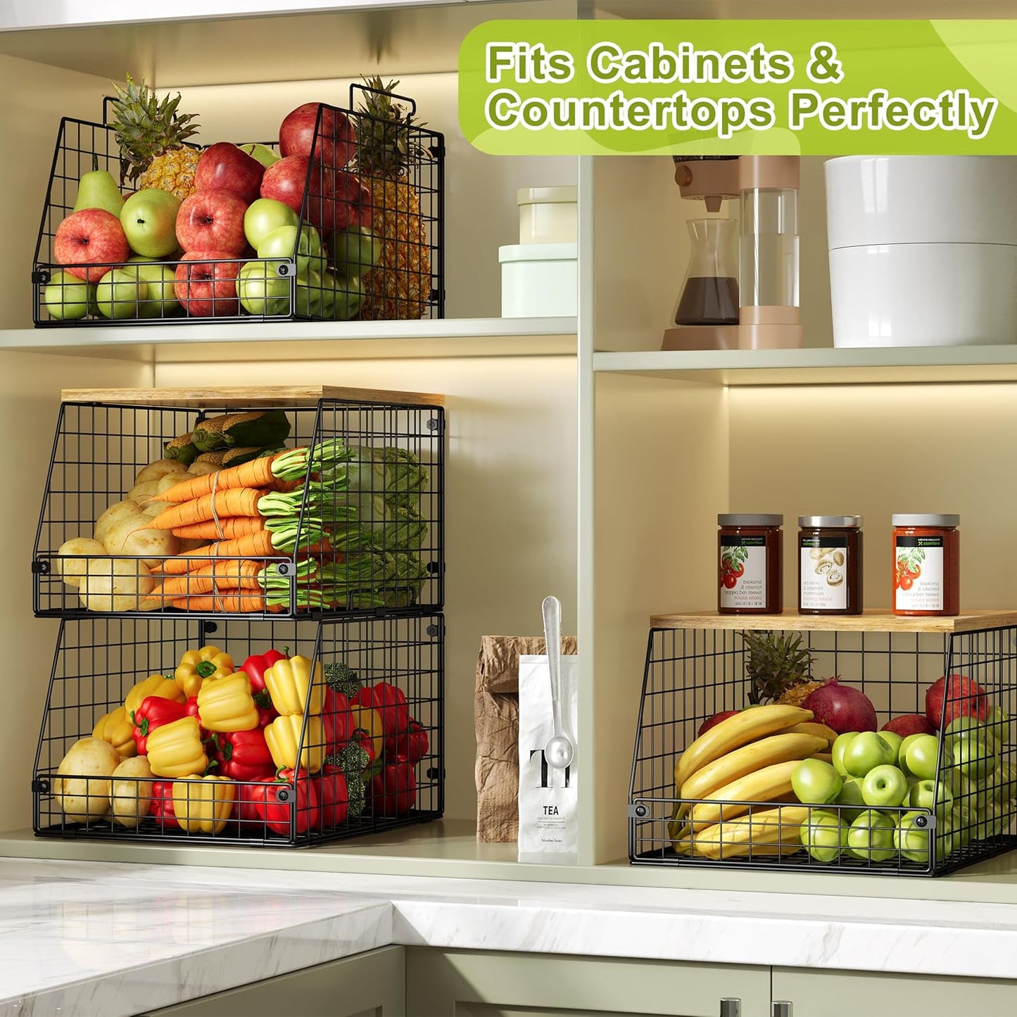 Jakyitvi 5 Pack XXL Stackable Wire Storage Basket, Extra Large Capacity Pantry Organizer and Storage, Muti-Purpose for Fruit Vegetable Basket & Toy Bin & Snack Organizer