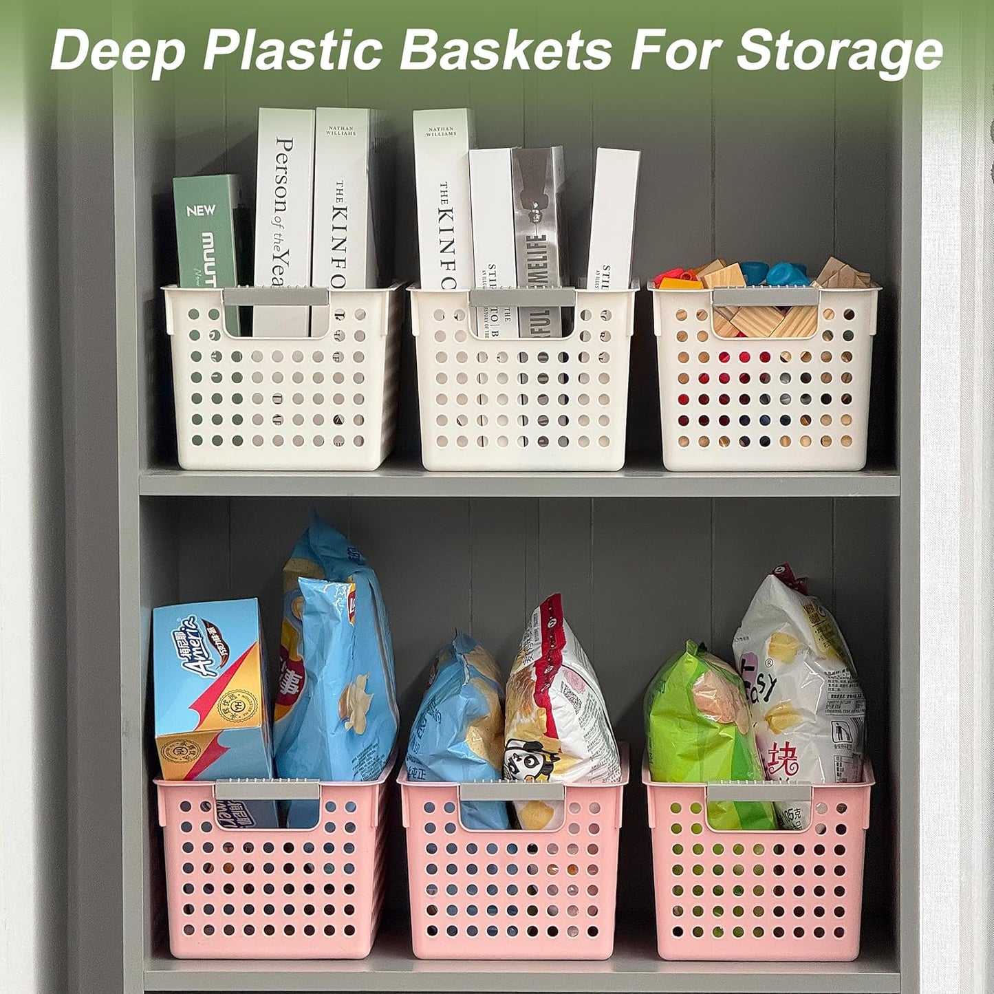Soddeph 4 Pack Plastic Deep Storage Basket with Handles, Cubbies Organizer Bins with Hollow Design for Under Counter, Closet, Kitchen or Bathroom 12.3" × 8.7" × 6.9"(White, Medium)