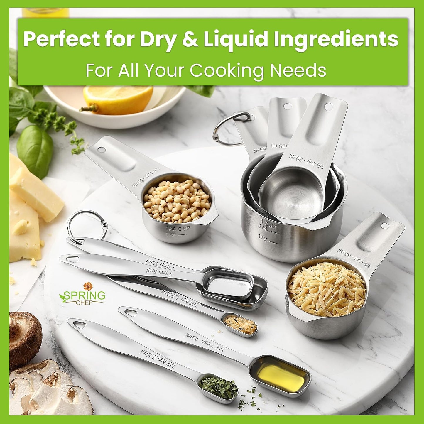 Spring Chef Stainless Steel Measuring Cups and Spoons Set of 14 with Leveler, Nesting Kitchen Metal Measuring Cups and Spoons Set for Dry and Liquid Ingredients, Perfect for Cooking & Baking