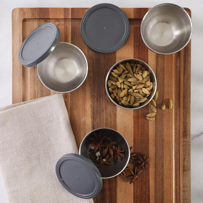 Oster Kempsville 4-Piece Stainless Steel Mini Bowls with Gray Lids – 3 Inch Prep and Storage Containers, Snack and Dipping Bowls