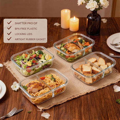 Glass Meal Prep Containers 5 Pack - Lunch Boxes with Leakproof Lids, Food Storage Containers, Bento Boxes, Gray (3 Compartment)