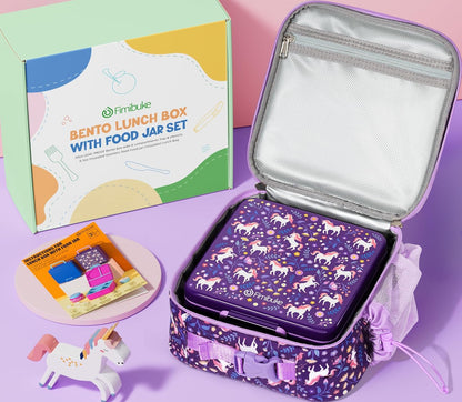 Fimibuke Kids Bento Lunch Box with Thermo, Leakproof Toddler Bento Box with 8.5OZ Insulated Food Jar, Lunch Bag & Utensils BPA Free Dishwasher Safe 3 or 4 Compartment Container for School Girls Boys