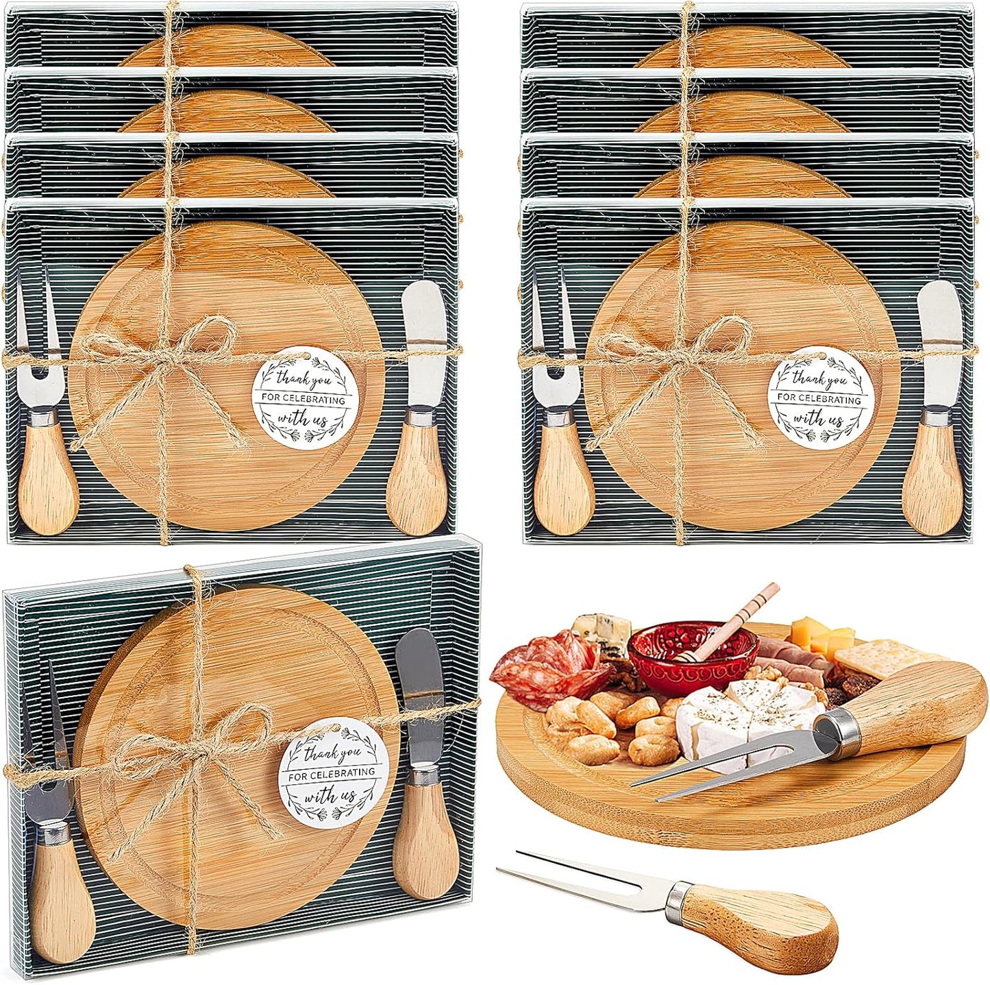 Maxcheck 6 Sets Baby Shower Bridal Game Prizes for Winners Round Cheese Board Set Wood Mini Charcuterie Board with Knives and Forks Thank You Card with Gift Box for Guests Wedding (Bamboo)