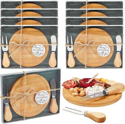 Maxcheck 6 Sets Baby Shower Bridal Game Prizes for Winners Round Cheese Board Set Wood Mini Charcuterie Board with Knives and Forks Thank You Card with Gift Box for Guests Wedding (Bamboo)