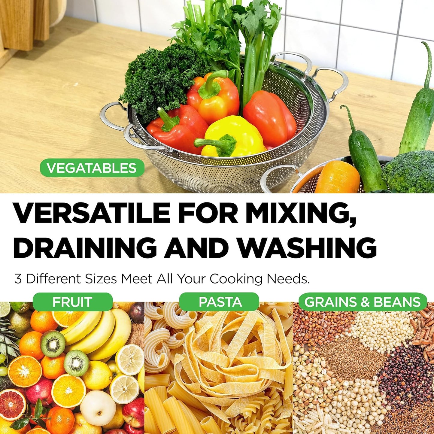 Premium 18/8 304 Stainless Steel Micro-Perforated Small and Big Colander Set of 4 with rings - 3.5-5.5-7.5-9.5 Quart Set, Self-Draining Solid Base for Pasta, Fruits, Vegetables