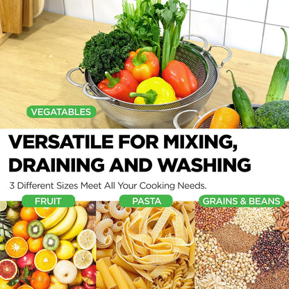 Premium 18/8 304 Stainless Steel Micro-Perforated Small and Big Colander Set of 4 with rings - 3.5-5.5-7.5-9.5 Quart Set, Self-Draining Solid Base for Pasta, Fruits, Vegetables