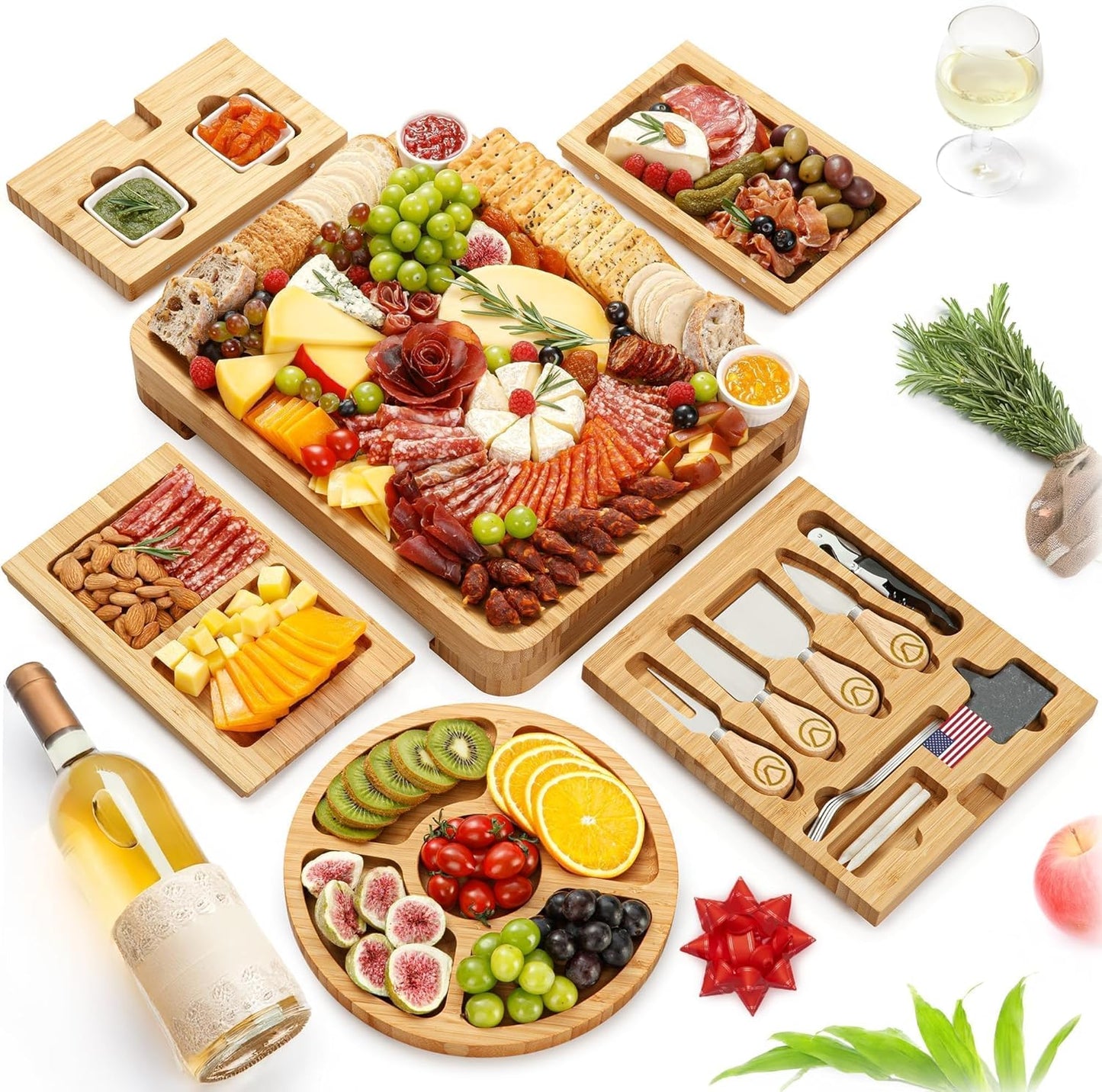 Charcuterie Boards Cheese Board Premium Gift Set - 23 Pieces, Bamboo - Large Size Plus Fruit Tray with Utensil Drawer, Knives, Forks, Wine Opener for Birthday Present, Housewarming, Wedding Shower