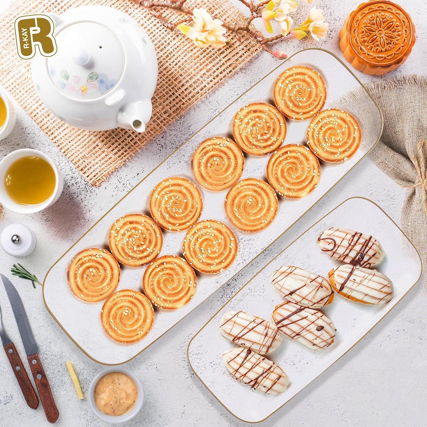 R-kay 4 Pack White Plastic Serving Trays for Party - White Serving Tray 17 by 6.5 in - Rectangular Heavy Duty Dessert Trays for Food