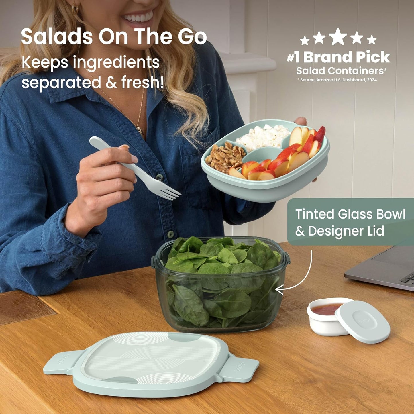 Bentgo Glass Salad Container - 7.6-Cup Salad Bowl with Airtight Lid, Leak-Proof Sauce Container, 4-Compartment Bento Tray & Reusable Fork - BPA-Free for Meal Prep, Office & More (Light Blue)