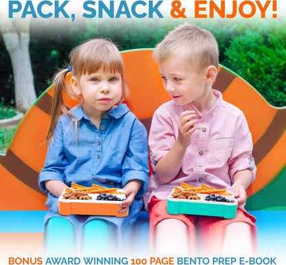 Small Snack Containers for Kids Toddlers - 3 Compartments (Set of 2) - Leak-Proof Reusable Boxes with Lids - BPA-Free Plastic Mini Bento Lunch Box - Holds 2 Cups Capacity (Pastel Blue+Teal Sparkle)