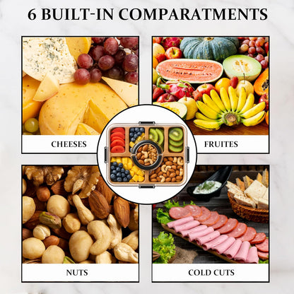Charcuterie Board with Clear Lid and Handle, 6-Compartment Portable Serving Tray, 11 x 14 Inches, Plastic and Bamboo, Housewarming Gift, Cutting Board, Cheese Board for Serving and Outdoor Dining