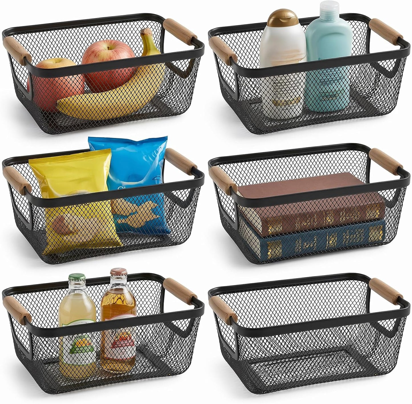 6 Pack Wire Baskets for Storage, Metal Storage Basket with Wooden Handles, Kitchen Basket for Pantry Organization, Black Wire Mesh Bins for Cabinet, Fridge, Fruit, Snacks, and Office Supplies