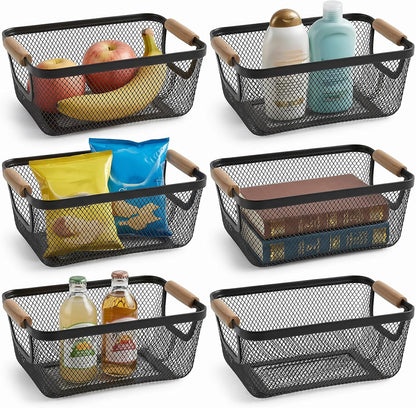 6 Pack Wire Baskets for Storage, Metal Storage Basket with Wooden Handles, Kitchen Basket for Pantry Organization, Black Wire Mesh Bins for Cabinet, Fridge, Fruit, Snacks, and Office Supplies